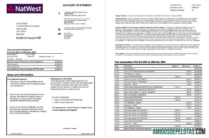 Modelo de extrato de conta bancária do Reino Unido NatWest para impressão em formato Excel e PDF, 2 páginas